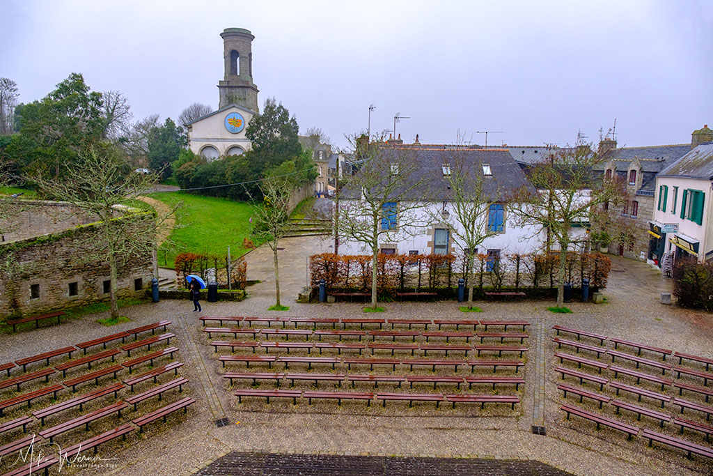 Sitting area seen from above in the open air theatre in the walled city of Concarneau