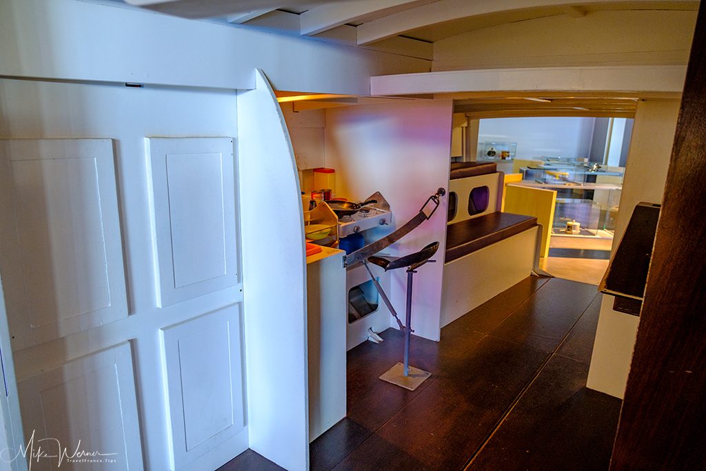 The mockup of Eric Tabarly's cabin on one of his sailboats at the Cite de la Voile Eric Tabarly museum