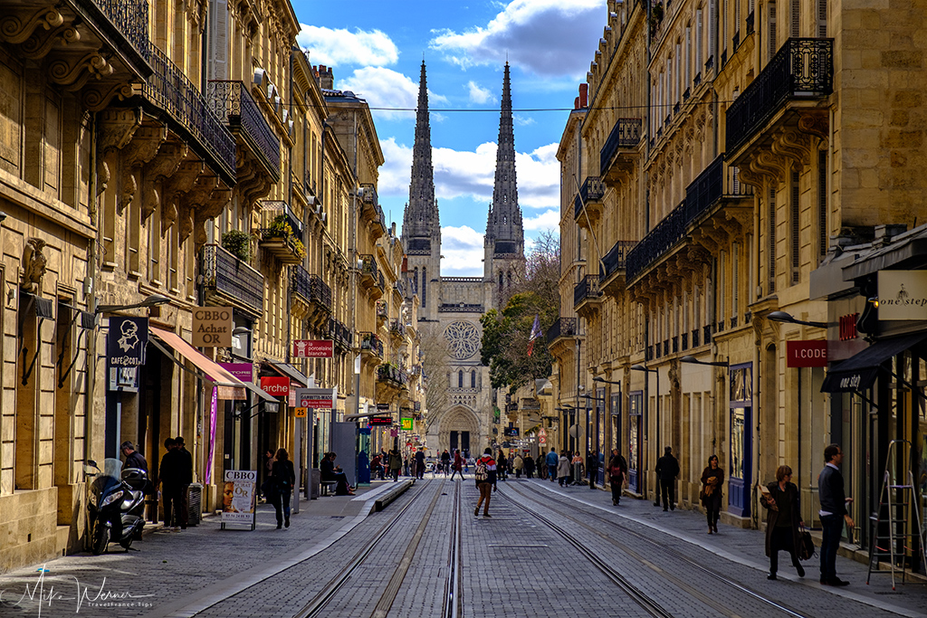 Road and tram track leading to the Bordeaux Cathedral