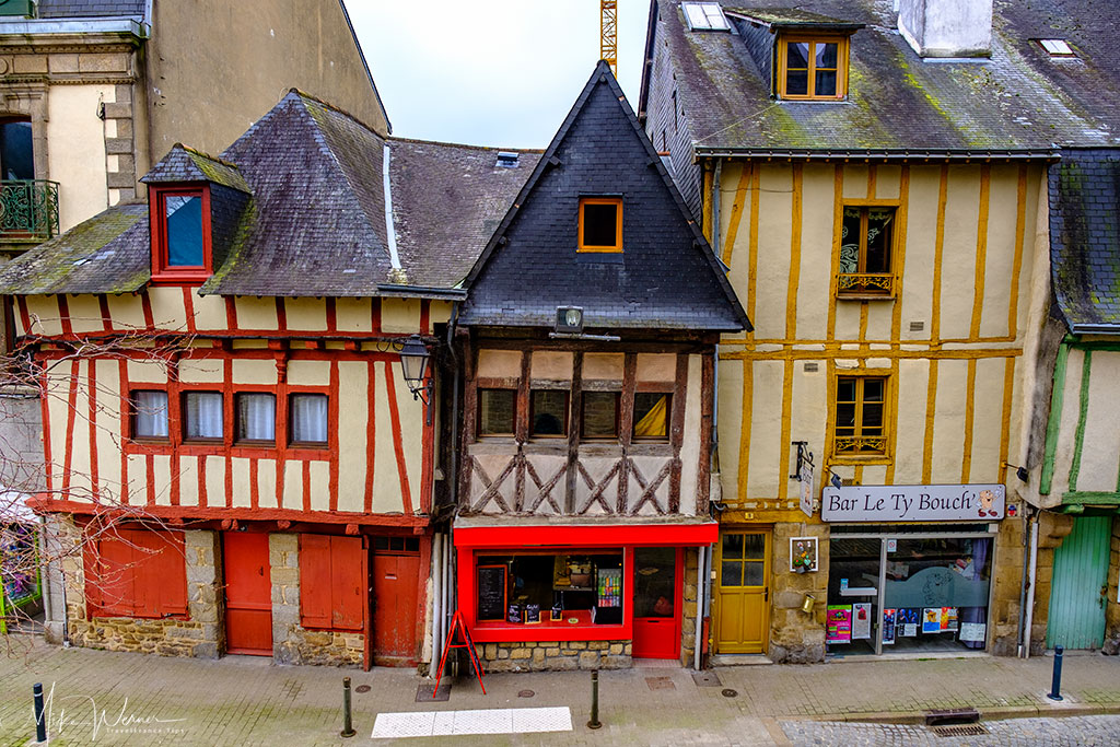 Bar and shops in wooden houses in Vannes, Brittany