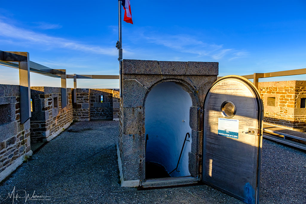 Entrance to the roof on top of the 'Memorial aux Marins Morts pour la France' (Memorial for the sailors who died for France) Cenotaph building at Pointe Saint-Mathieu, Brittany