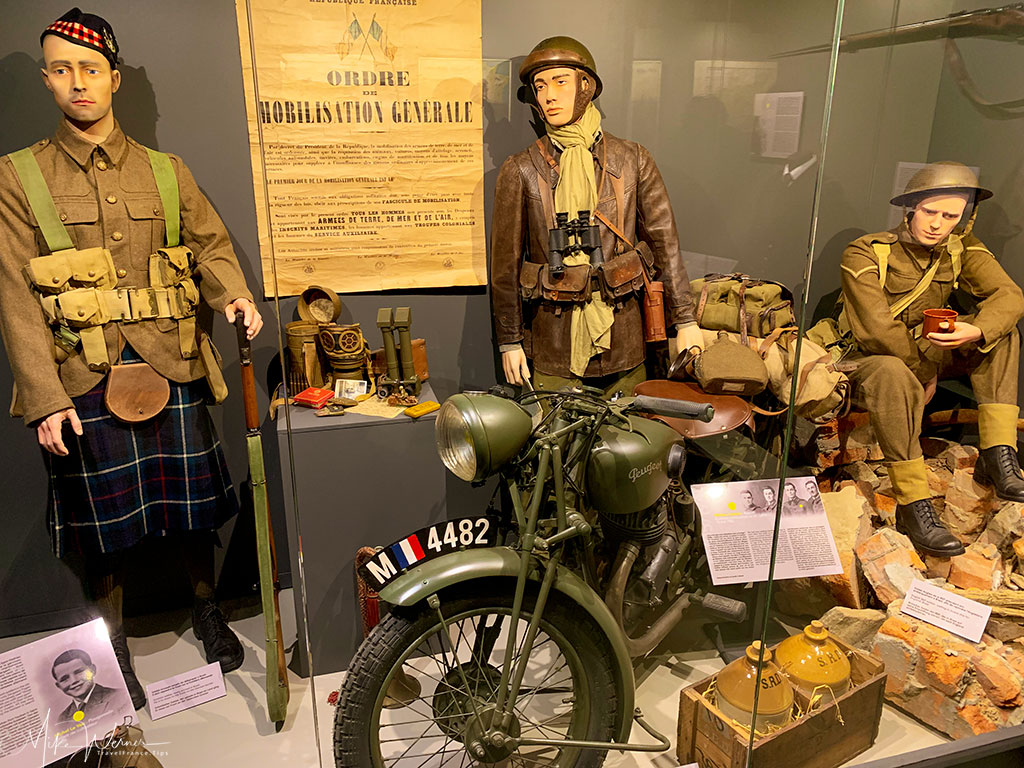 English and Scottish soldiers and their uniforms and equipment at the WWII German bunker at the 39-45 Memories Museum at Pointe Saint-Mathieu in Brittany