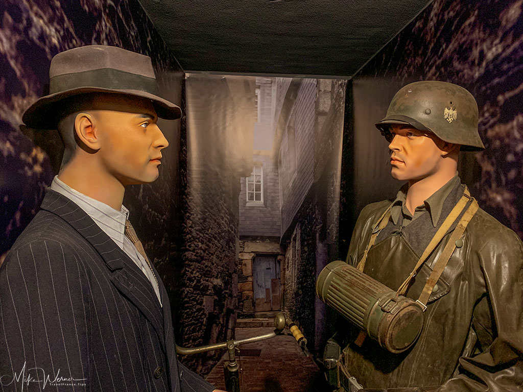 German soldier and French civilian at the WWII German bunker at the 39-45 Memories Museum at Pointe Saint-Mathieu in Brittany