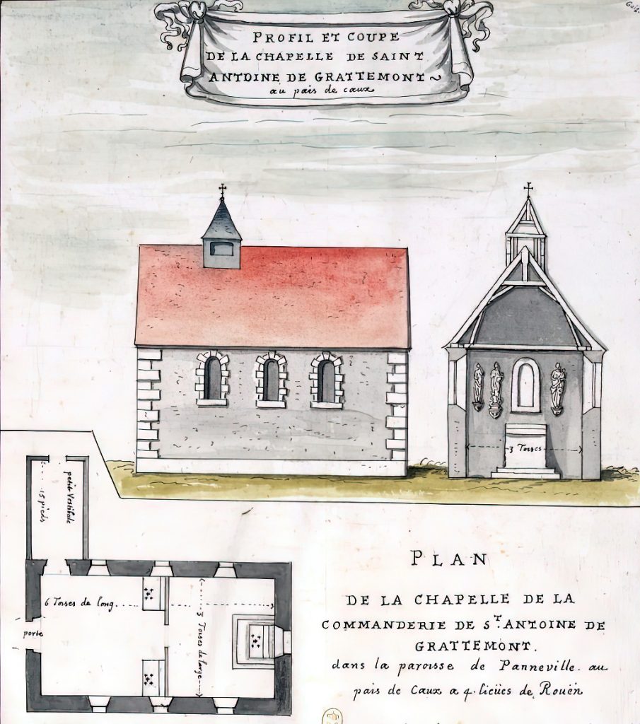 1702 - Louis Boudan - Profile and section of the chapel of Saint Antoine de Grattemont, in the parish of Panneville in the Pays de Caux 4 leagues from Rouen