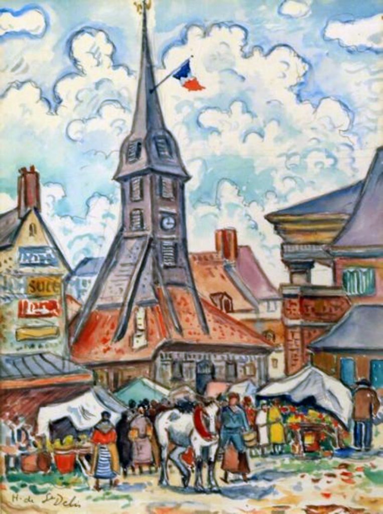 ???? - Henri de Saint-Delis - Honfleur, the bell tower of the Sainte-Catherine church, market day
